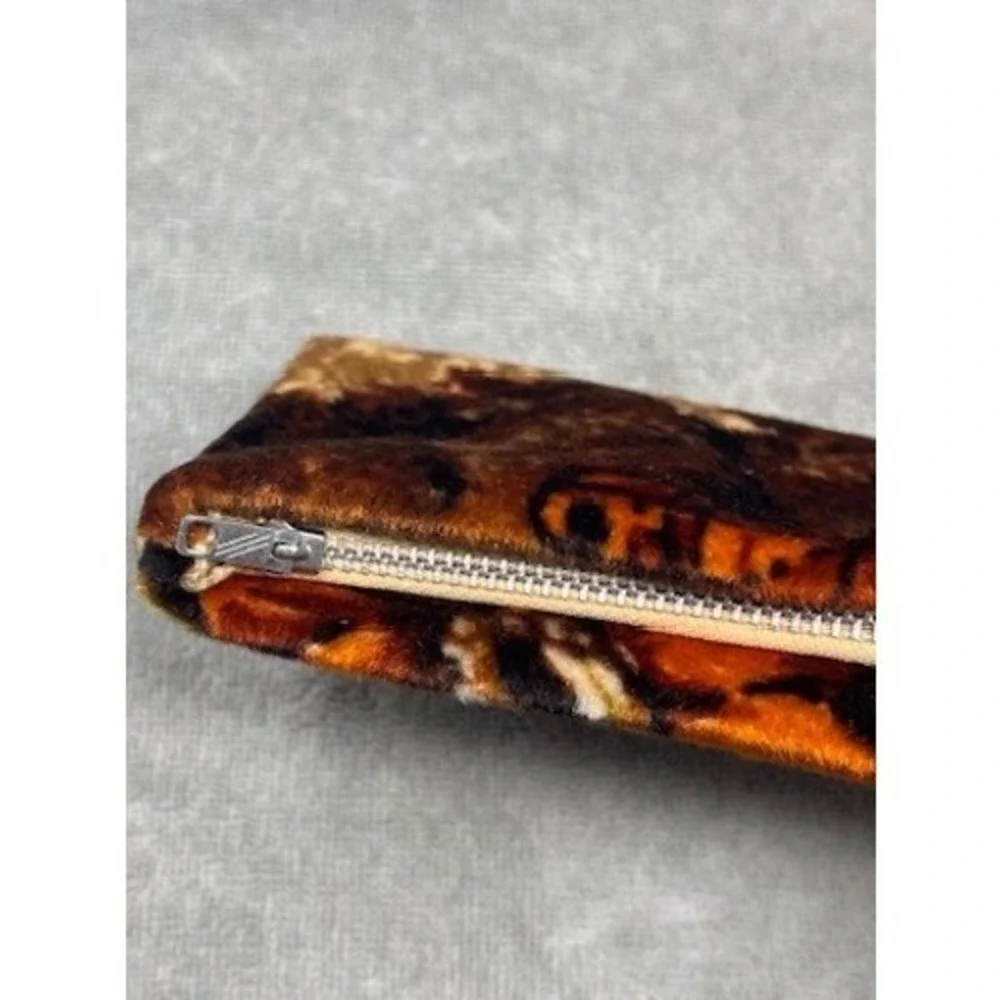 Vtg Velvet Floral‎ Clutch Bag Orange Brown Retro 70s Zipper Pouch Cosmetic Bag